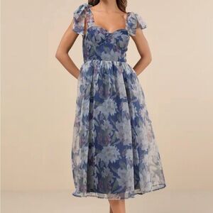 Lulu’s Exceptionally Marvelous Blue Floral Organza Bustier Midi Dress